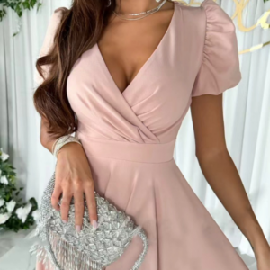 V-Neck Puff Sleeve Swing Dress