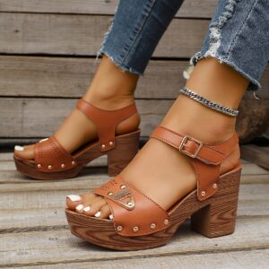 Metal Buckle Chunky Heel Sandals